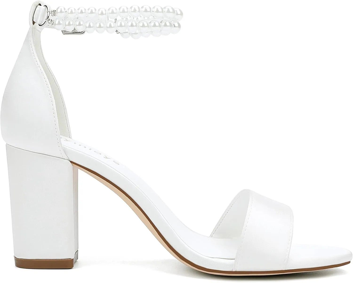 Hyinlays Pearl Wedding Shoes for Bride Satin Block Heels Open Toe Chunky Bridal Shoes Sandals