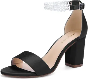 Hyinlays Pearl Wedding Shoes for Bride Satin Block Heels Open Toe Chunky Bridal Shoes Sandals