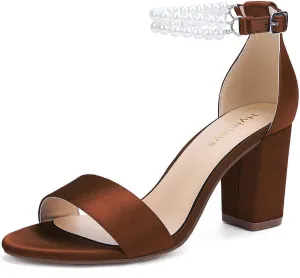 Hyinlays Pearl Wedding Shoes for Bride Satin Block Heels Open Toe Chunky Bridal Shoes Sandals