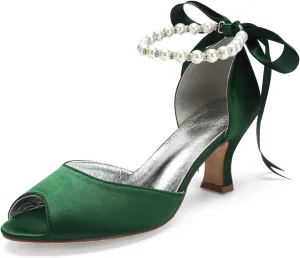 Hyinlays Peep Toe Mid Heel Pumps with Pearls Satin Prom Wedding Shoes Formal Party Dress Pump Sandals