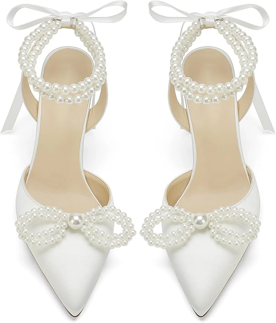 Hyinlays Women's High Heels Closed Toe Pearls Bow Heels Slingback Ankle Strap Pumps Wedding Bridal Party Dress Shoes Stiletto Sandals