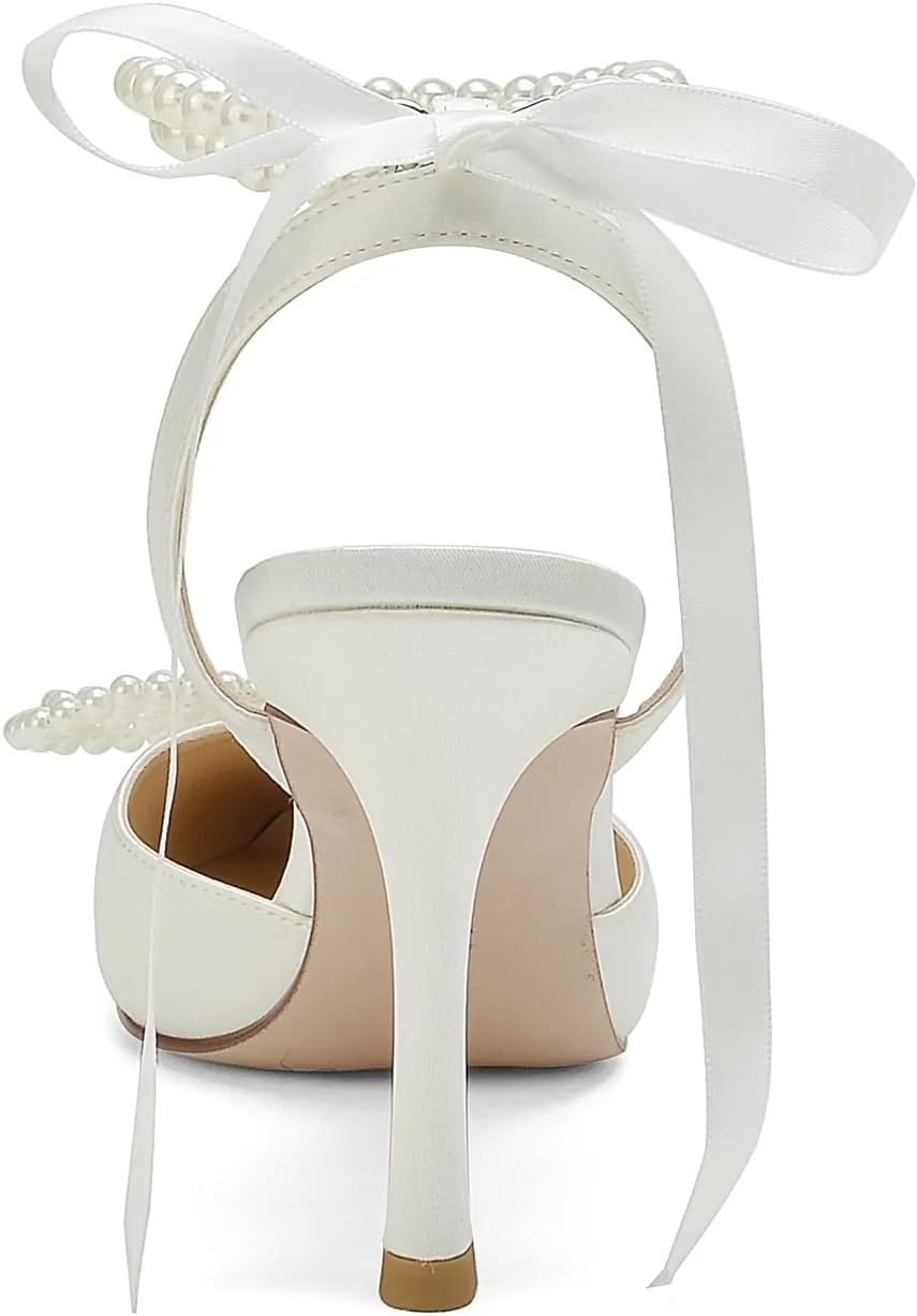 Hyinlays Women's High Heels Closed Toe Pearls Bow Heels Slingback Ankle Strap Pumps Wedding Bridal Party Dress Shoes Stiletto Sandals