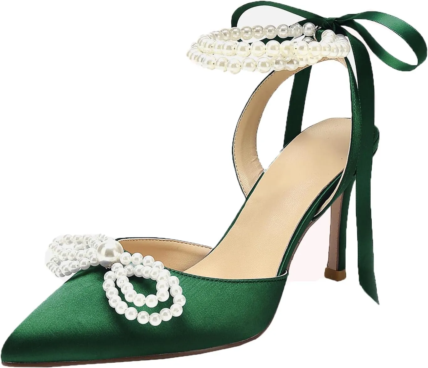 Hyinlays Women's High Heels Closed Toe Pearls Bow Heels Slingback Ankle Strap Pumps Wedding Bridal Party Dress Shoes Stiletto Sandals