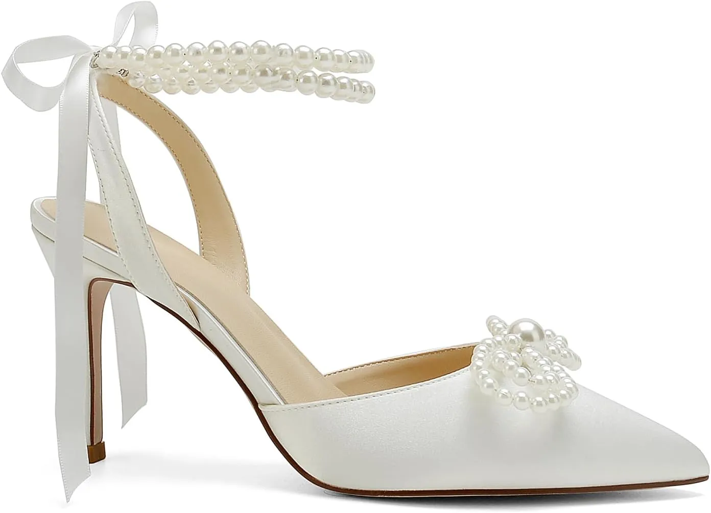 Hyinlays Women's High Heels Closed Toe Pearls Bow Heels Slingback Ankle Strap Pumps Wedding Bridal Party Dress Shoes Stiletto Sandals