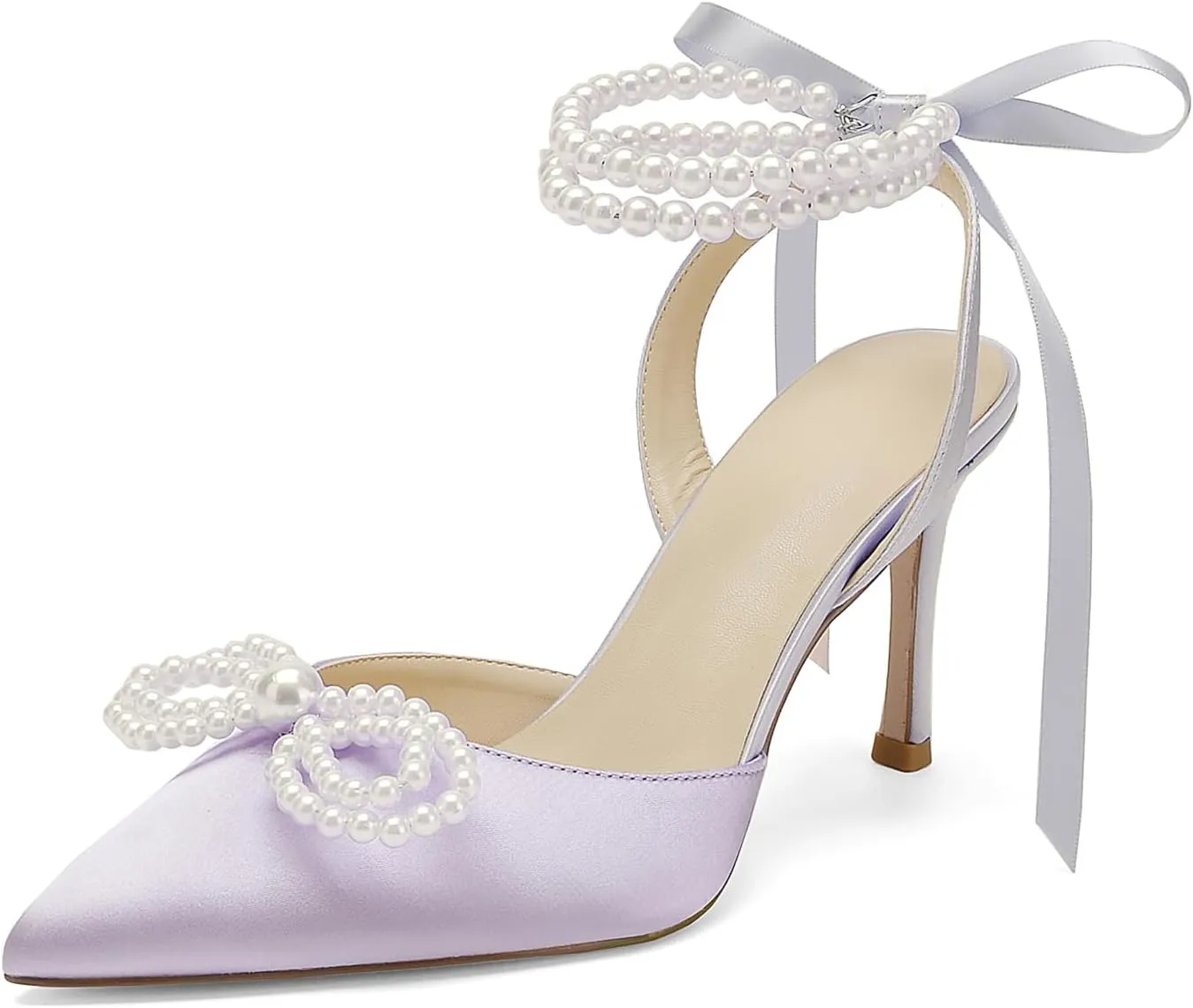 Hyinlays Women's High Heels Closed Toe Pearls Bow Heels Slingback Ankle Strap Pumps Wedding Bridal Party Dress Shoes Stiletto Sandals