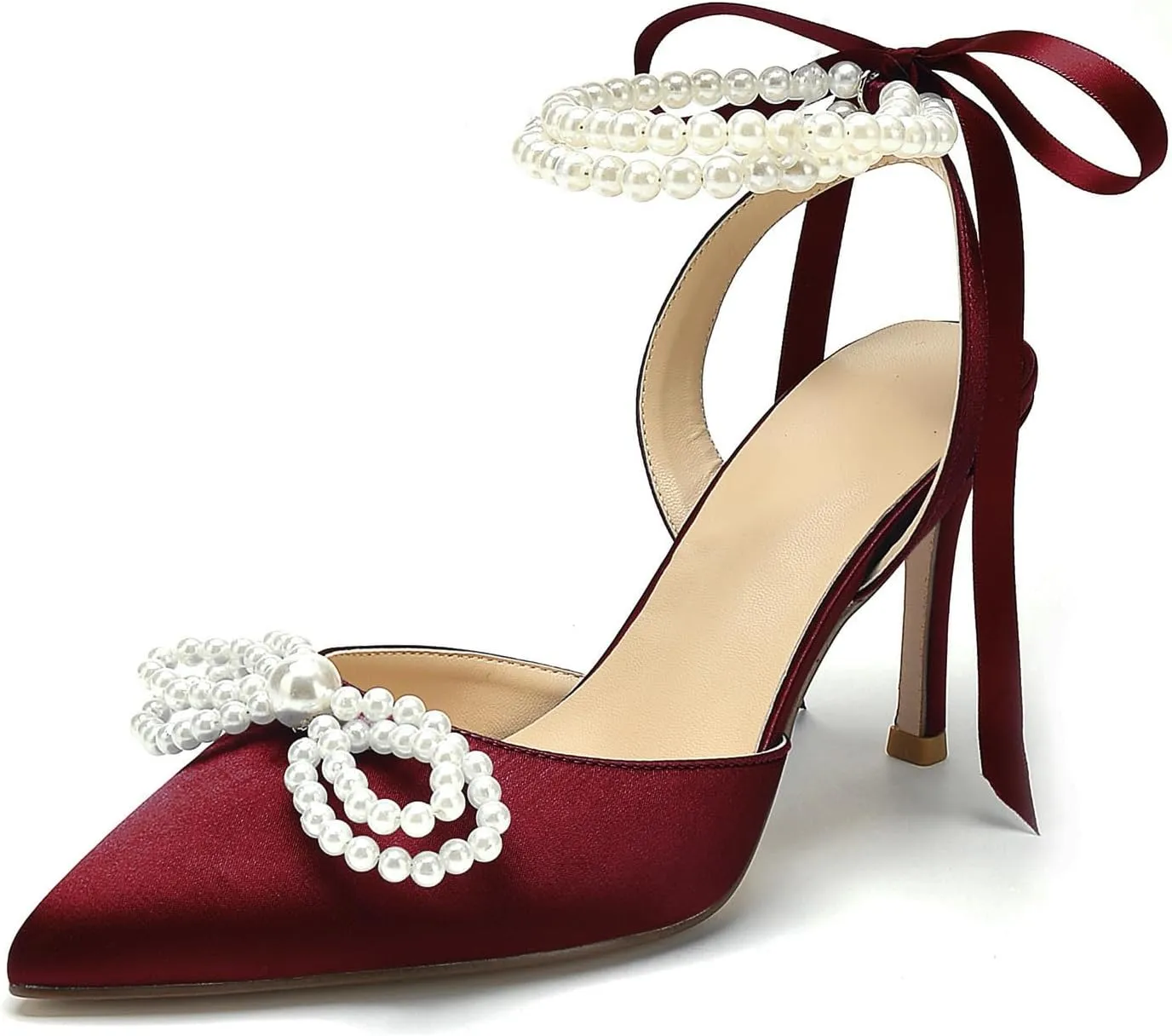 Hyinlays Women's High Heels Closed Toe Pearls Bow Heels Slingback Ankle Strap Pumps Wedding Bridal Party Dress Shoes Stiletto Sandals