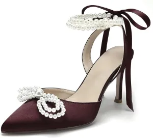 Hyinlays Women's High Heels Closed Toe Pearls Bow Heels Slingback Ankle Strap Pumps Wedding Bridal Party Dress Shoes Stiletto Sandals