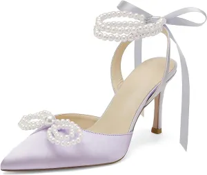 Hyinlays Women's High Heels Closed Toe Pearls Bow Heels Slingback Ankle Strap Pumps Wedding Bridal Party Dress Shoes Stiletto Sandals
