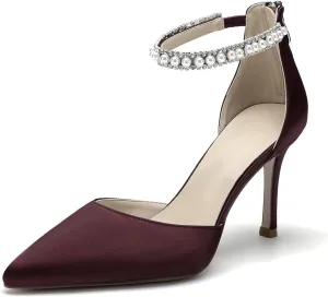 Hyinlays Women's High Heels Pearls Satin Closed Toe Stiletto Ankle Strap Pointed Toe Prom Evening Wedding Party Dress Pumps Shoes