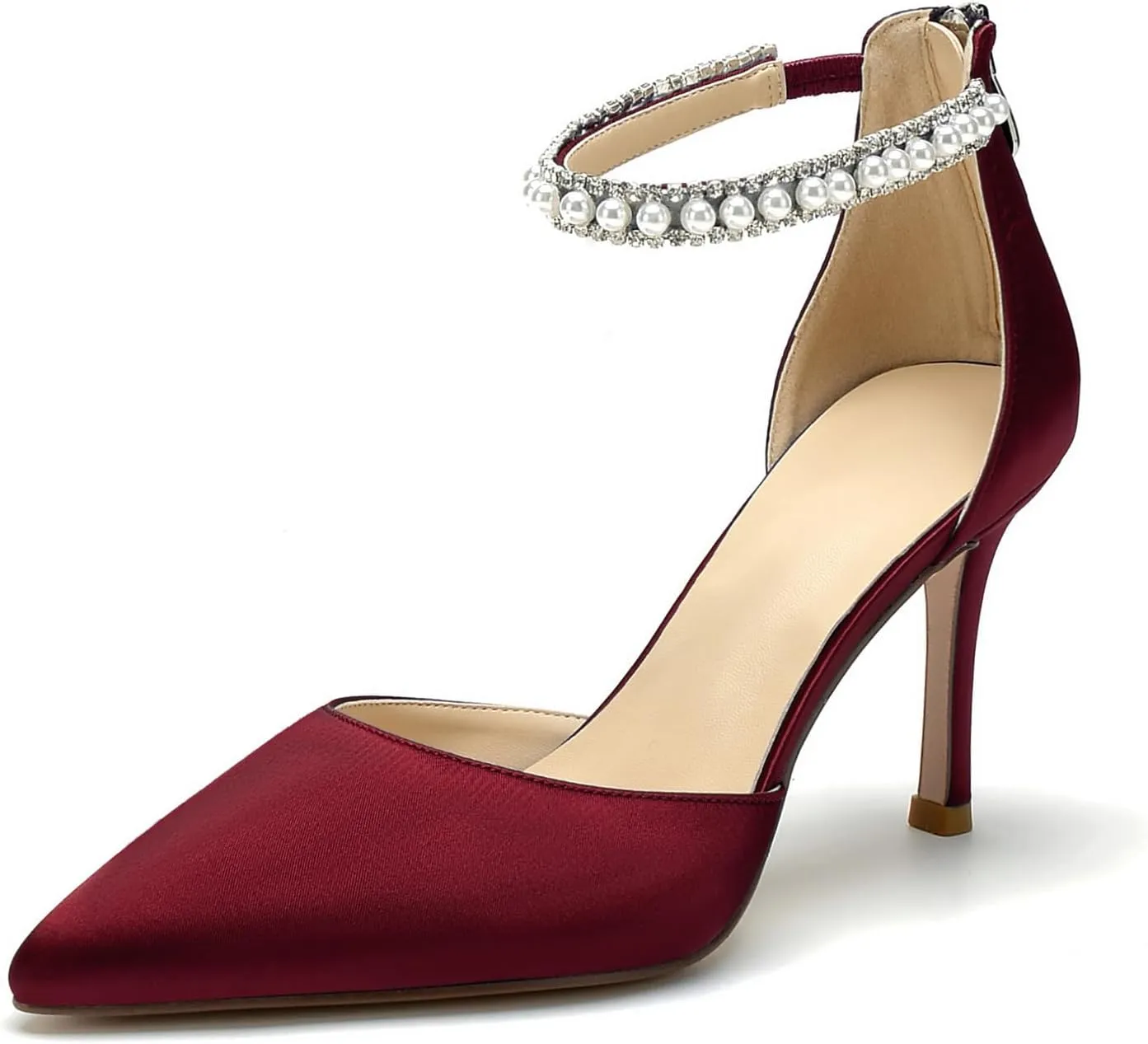 Hyinlays Women's High Heels Pearls Satin Closed Toe Stiletto Ankle Strap Pointed Toe Prom Evening Wedding Party Dress Pumps Shoes