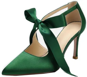 Hyinlays Women's High Heels Satin Pointed Toe Pumps Mary Jane Heels Evening Wedding Party Dress Pump Shoes