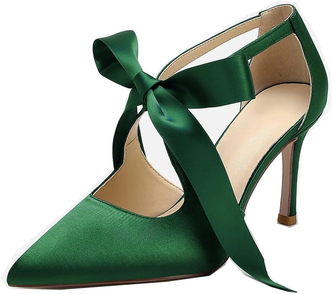 Hyinlays Women's High Heels Satin Pointed Toe Pumps Mary Jane Heels Evening Wedding Party Dress Pump Shoes