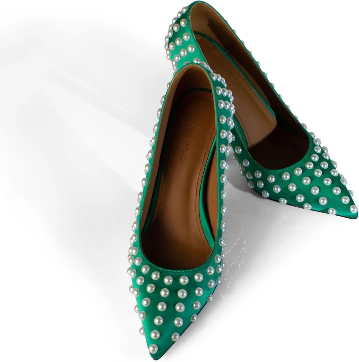 iadore Women Sexy Stiletto High Heel Pumps Chic Pearl Studded Slip-on Shoes Satin Pointed Toe Fashion Dress Pumps Size 5-12 US