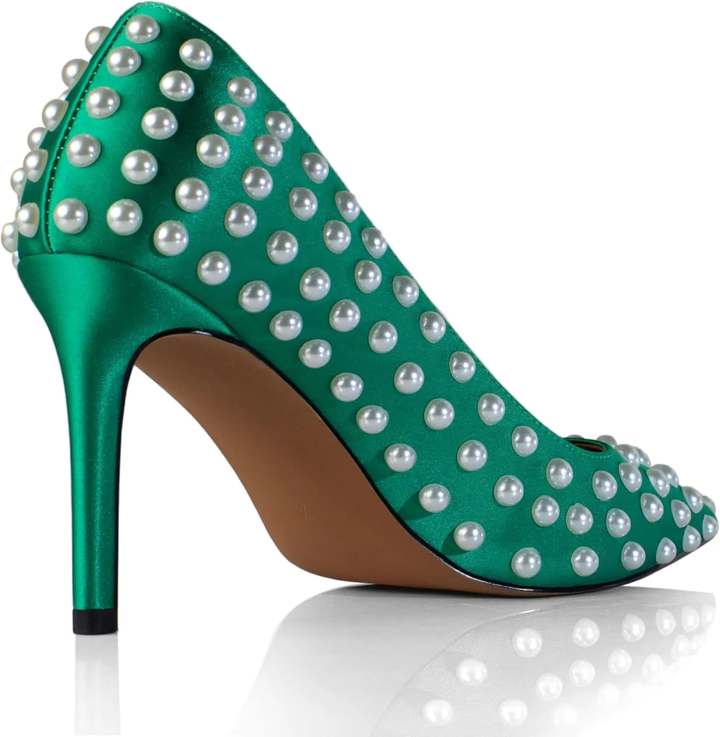 iadore Women Sexy Stiletto High Heel Pumps Chic Pearl Studded Slip-on Shoes Satin Pointed Toe Fashion Dress Pumps Size 5-12 US