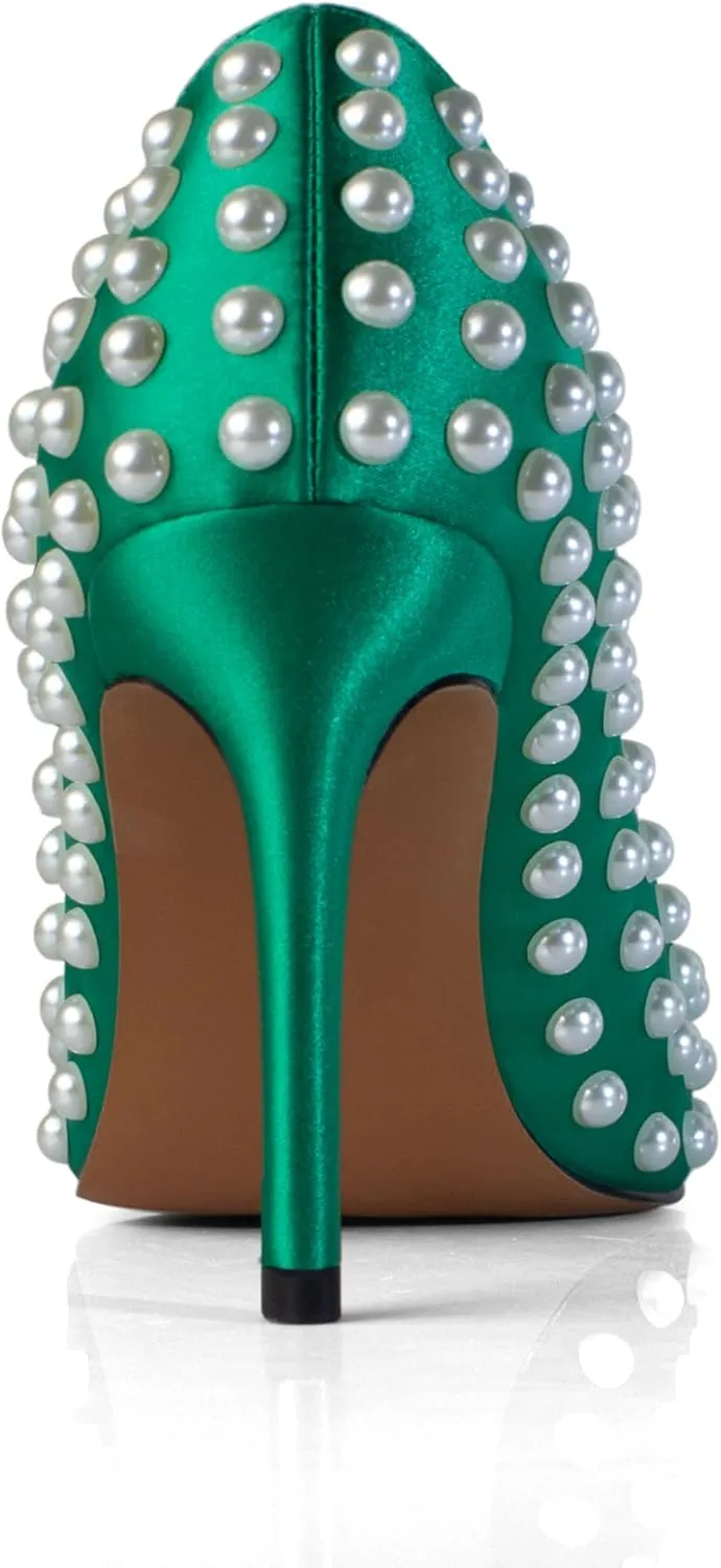 iadore Women Sexy Stiletto High Heel Pumps Chic Pearl Studded Slip-on Shoes Satin Pointed Toe Fashion Dress Pumps Size 5-12 US