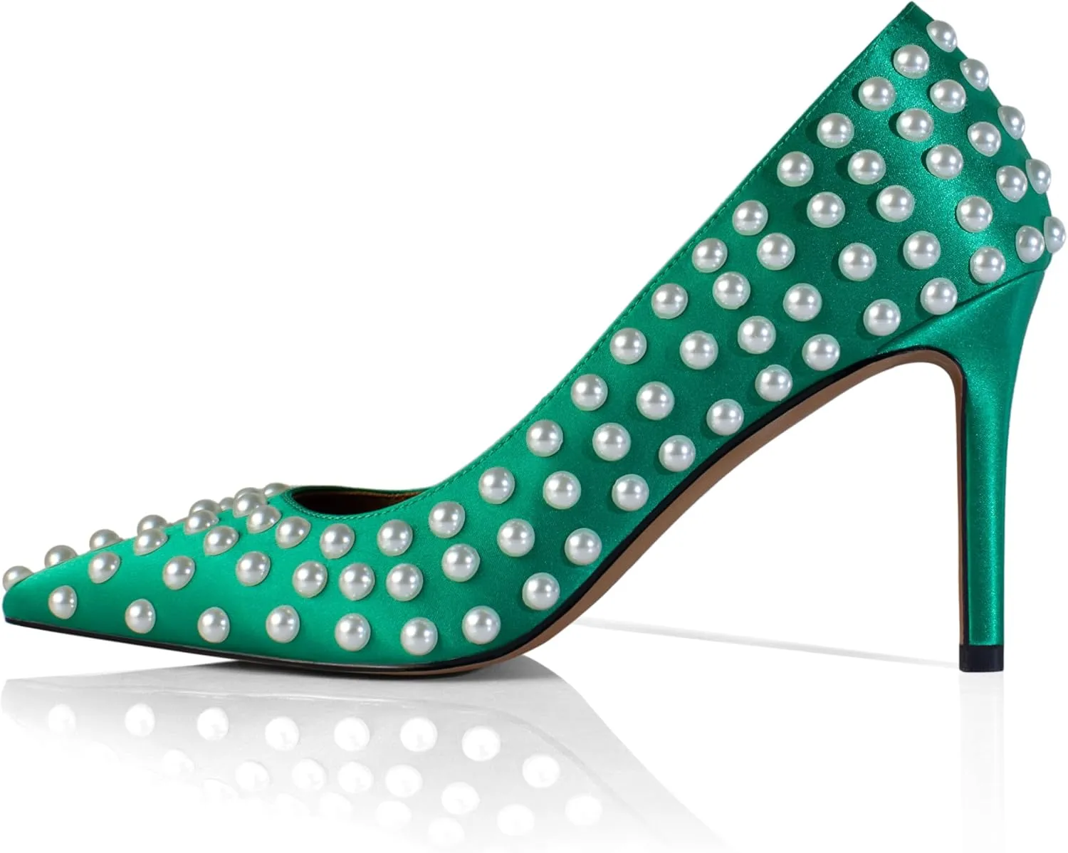 iadore Women Sexy Stiletto High Heel Pumps Chic Pearl Studded Slip-on Shoes Satin Pointed Toe Fashion Dress Pumps Size 5-12 US