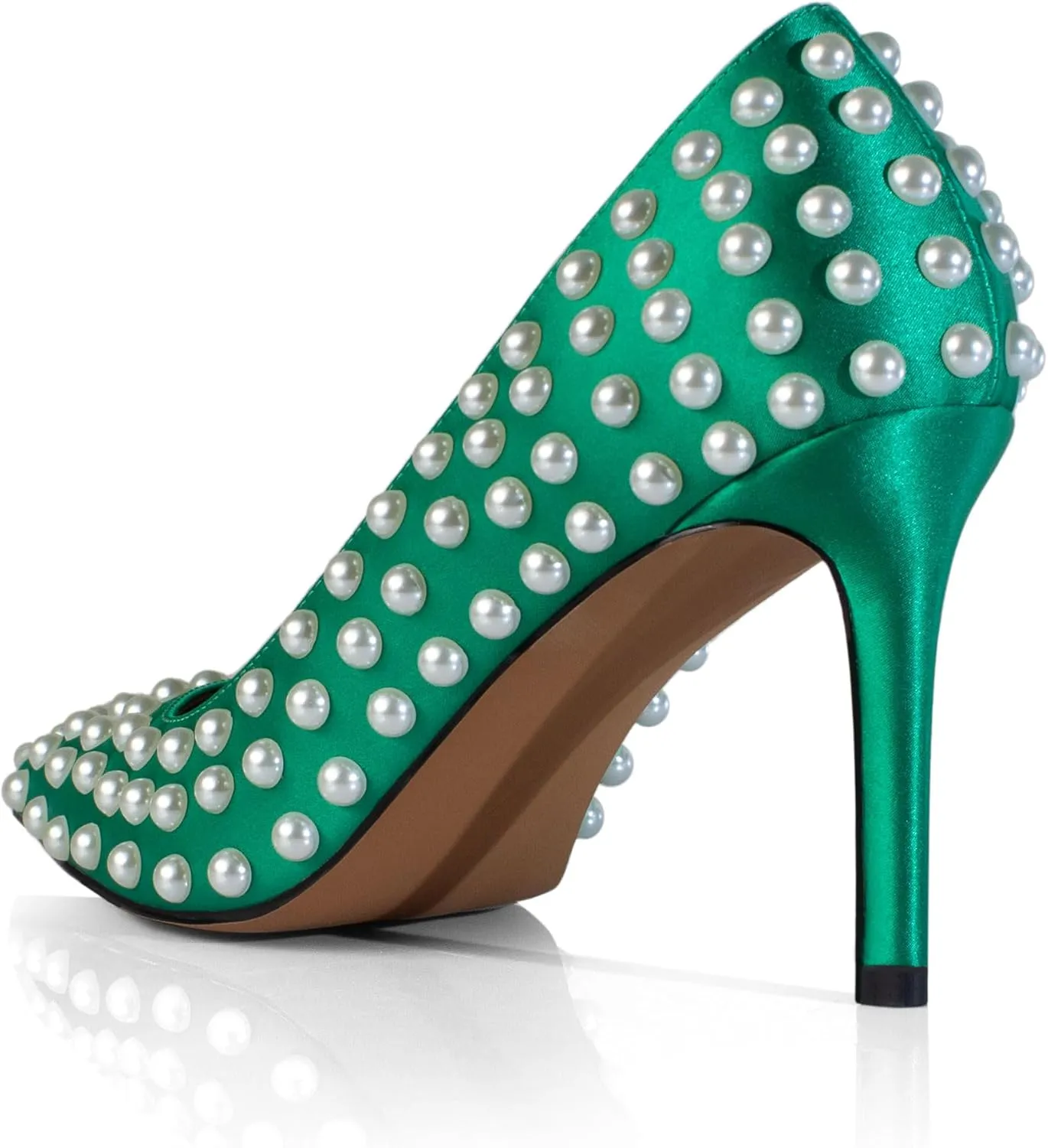 iadore Women Sexy Stiletto High Heel Pumps Chic Pearl Studded Slip-on Shoes Satin Pointed Toe Fashion Dress Pumps Size 5-12 US