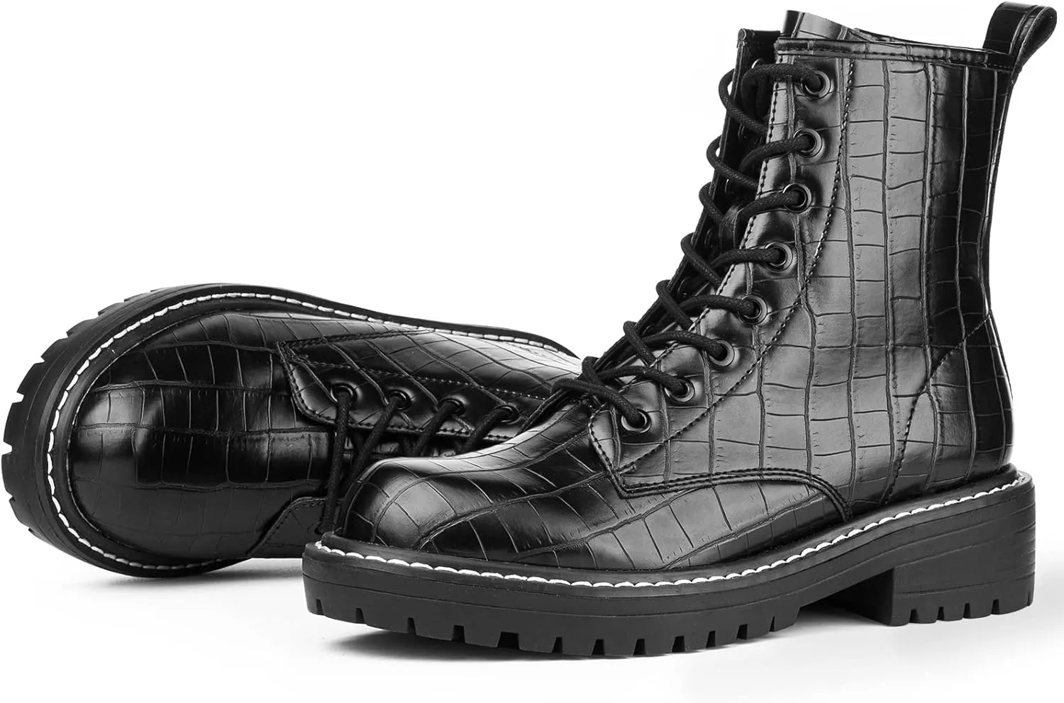 ICHIGO Women’s Fashion Ankle Booties Causal 8-Eye Side Zipper Lace-up Combat Boots