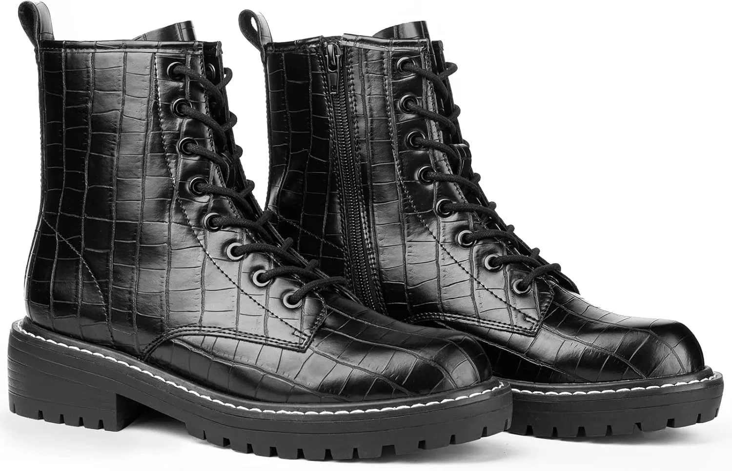 ICHIGO Women’s Fashion Ankle Booties Causal 8-Eye Side Zipper Lace-up Combat Boots