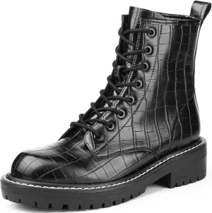 ICHIGO Women’s Fashion Ankle Booties Causal 8-Eye Side Zipper Lace-up Combat Boots