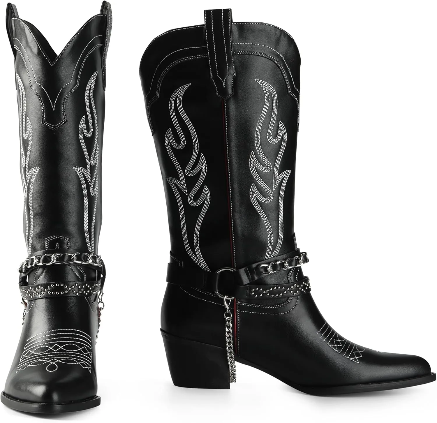iiimmu Cowboy Boots for Women with Chain, Pointy Toe Chunky Heel Women's Riding Boots with Embroidered, Pull on Style Western Boots, Faux Leather