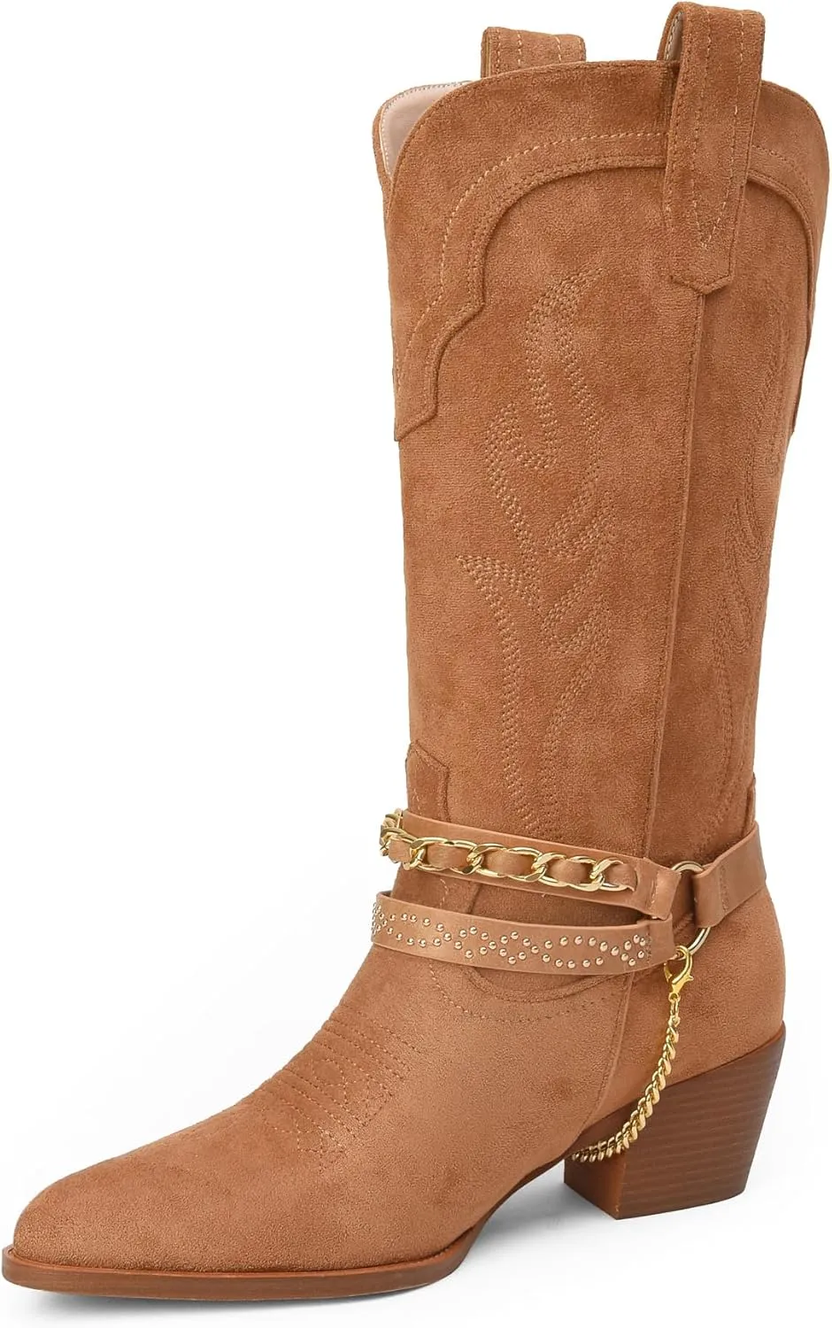 iiimmu Cowboy Boots for Women with Chain, Pointy Toe Chunky Heel Women's Riding Boots with Embroidered, Pull on Style Western Boots, Faux Leather