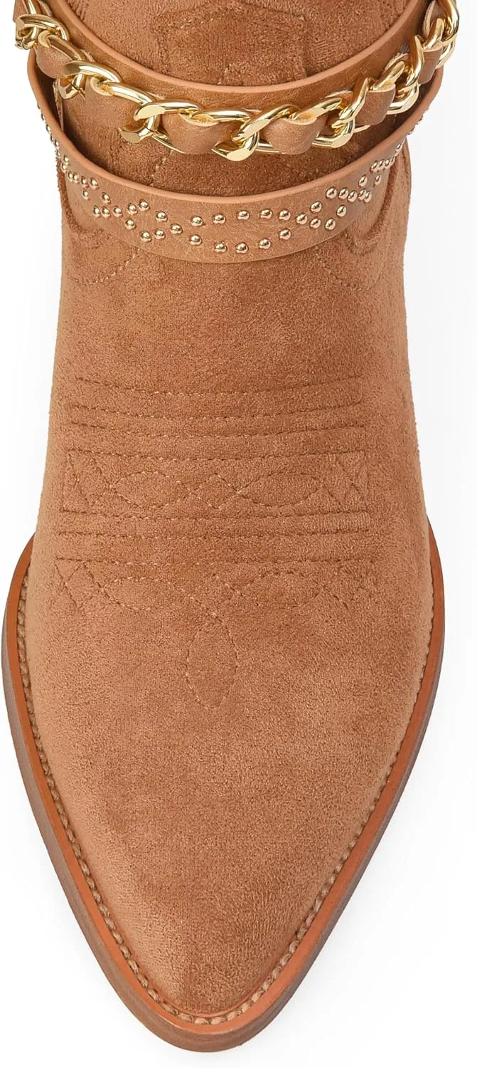 iiimmu Cowboy Boots for Women with Chain, Pointy Toe Chunky Heel Women's Riding Boots with Embroidered, Pull on Style Western Boots, Faux Leather