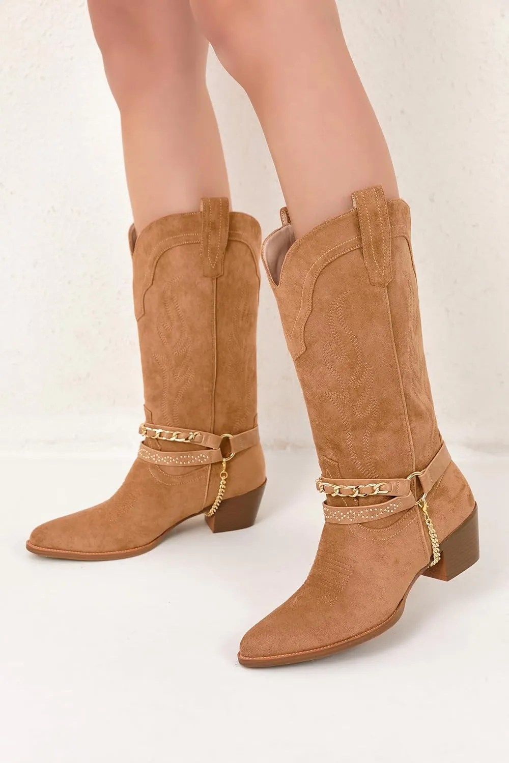iiimmu Cowboy Boots for Women with Chain, Pointy Toe Chunky Heel Women's Riding Boots with Embroidered, Pull on Style Western Boots, Faux Leather