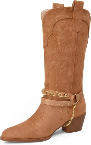iiimmu Cowboy Boots for Women with Chain, Pointy Toe Chunky Heel Women's Riding Boots with Embroidered, Pull on Style Western Boots, Faux Leather