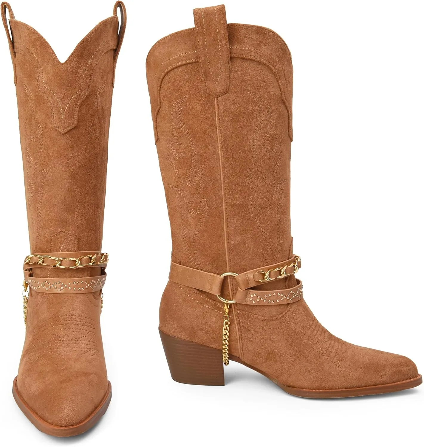 iiimmu Cowboy Boots for Women with Chain, Pointy Toe Chunky Heel Women's Riding Boots with Embroidered, Pull on Style Western Boots, Faux Leather