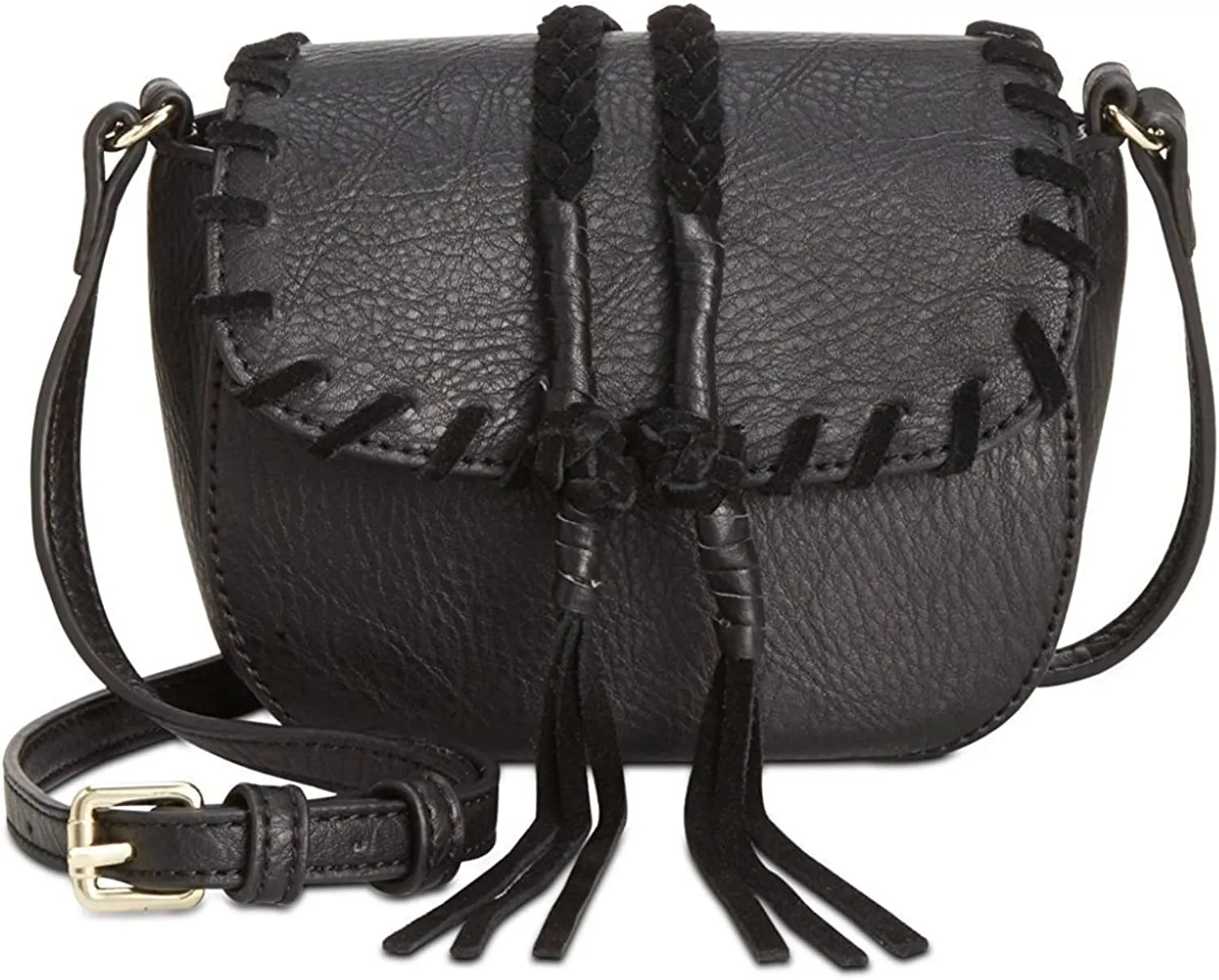 INC Womens Callie Faux Leather Fringe Saddle Handbag Black Small