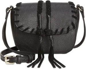 INC Womens Callie Faux Leather Fringe Saddle Handbag Black Small