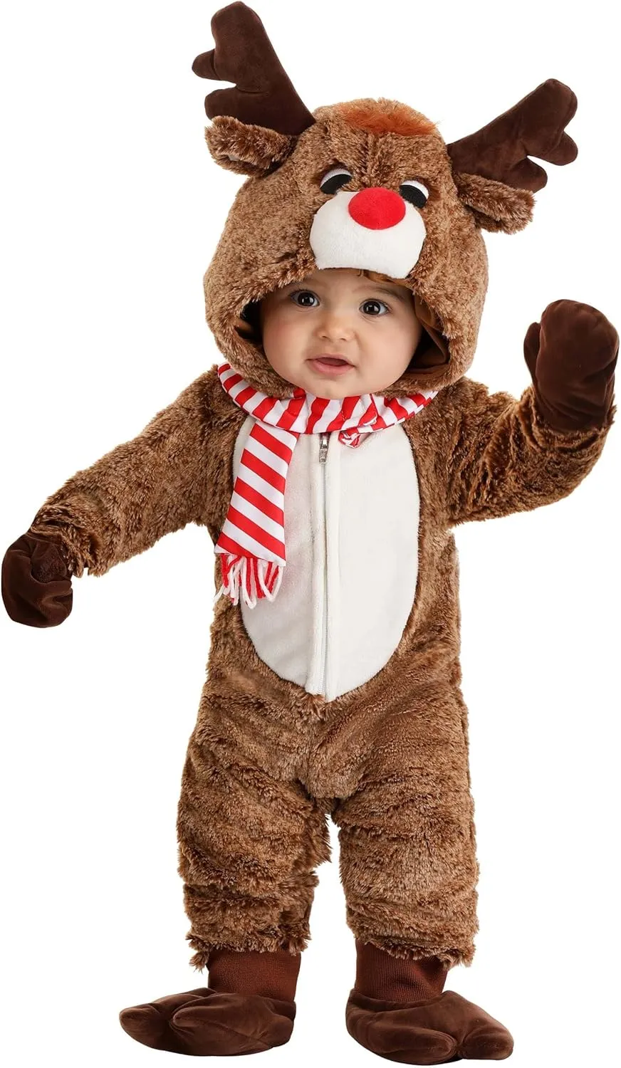 Infant Reindeer Plush Christmas Costume | Soft Hooded Holiday Jumpsuit, Antlers, Red Nose, Tail, Booties