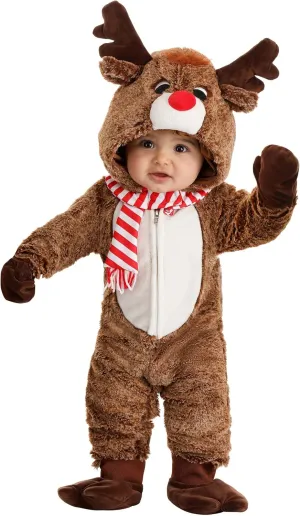 Infant Reindeer Plush Christmas Costume | Soft Hooded Holiday Jumpsuit, Antlers, Red Nose, Tail, Booties