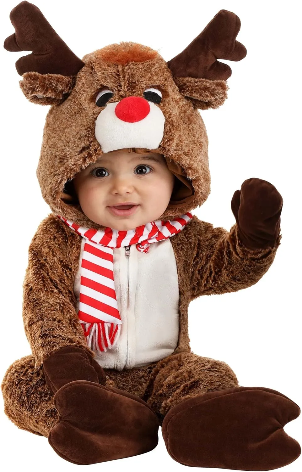 Infant Reindeer Plush Christmas Costume | Soft Hooded Holiday Jumpsuit, Antlers, Red Nose, Tail, Booties