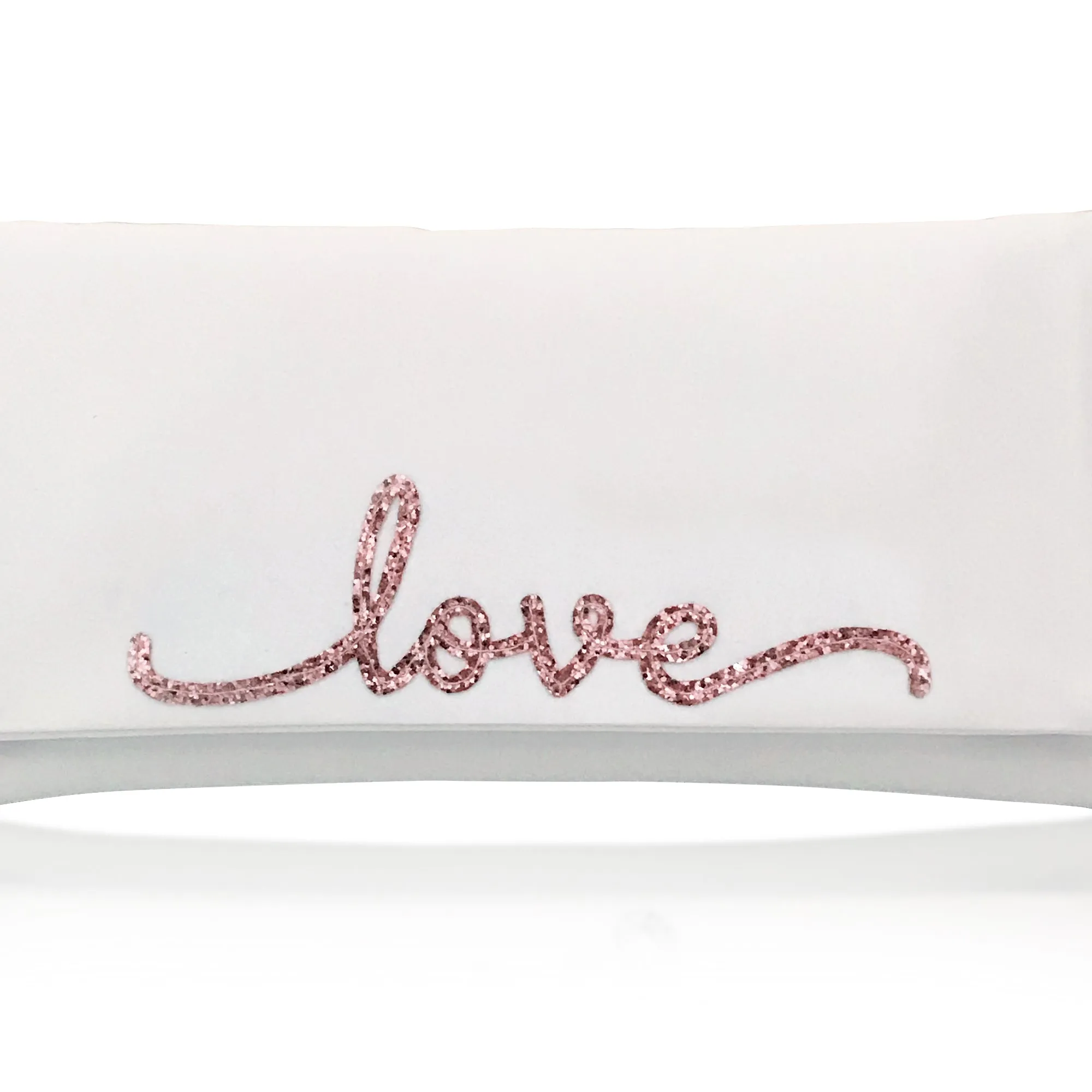 Ivory satin LOVE wedding day bridal clutch handbag flourish font