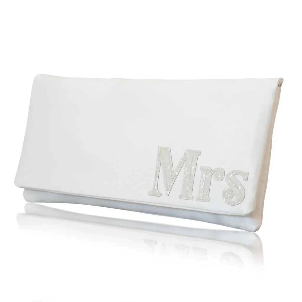 Ivory satin MRS serif wedding day bridal clutch handbag