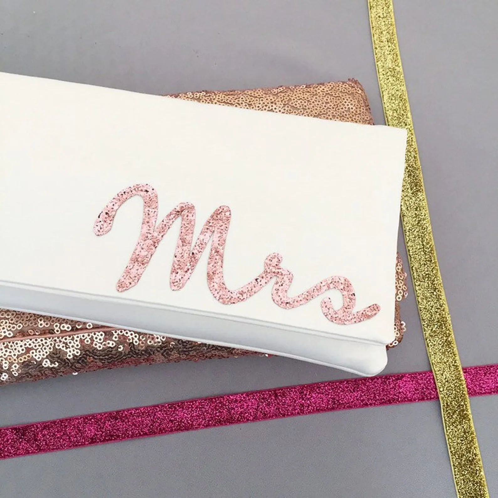 Ivory satin MRS wedding day bridal clutch handbag
