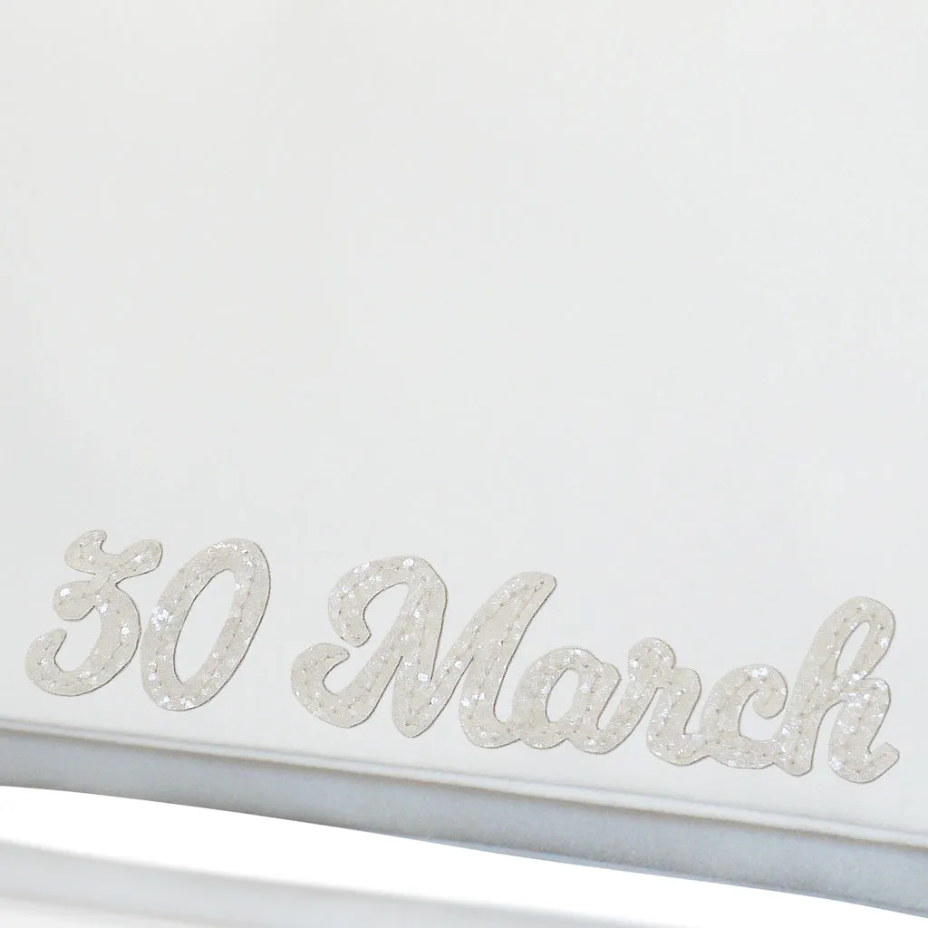 Ivory satin wedding date personalised bridal clutch handbag