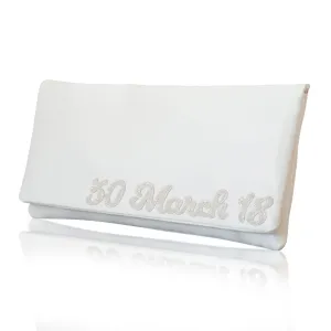 Ivory satin wedding date personalised bridal clutch handbag