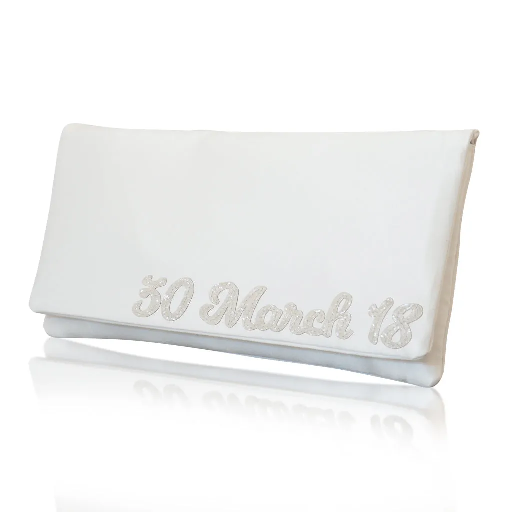 Ivory satin wedding date personalised bridal clutch handbag