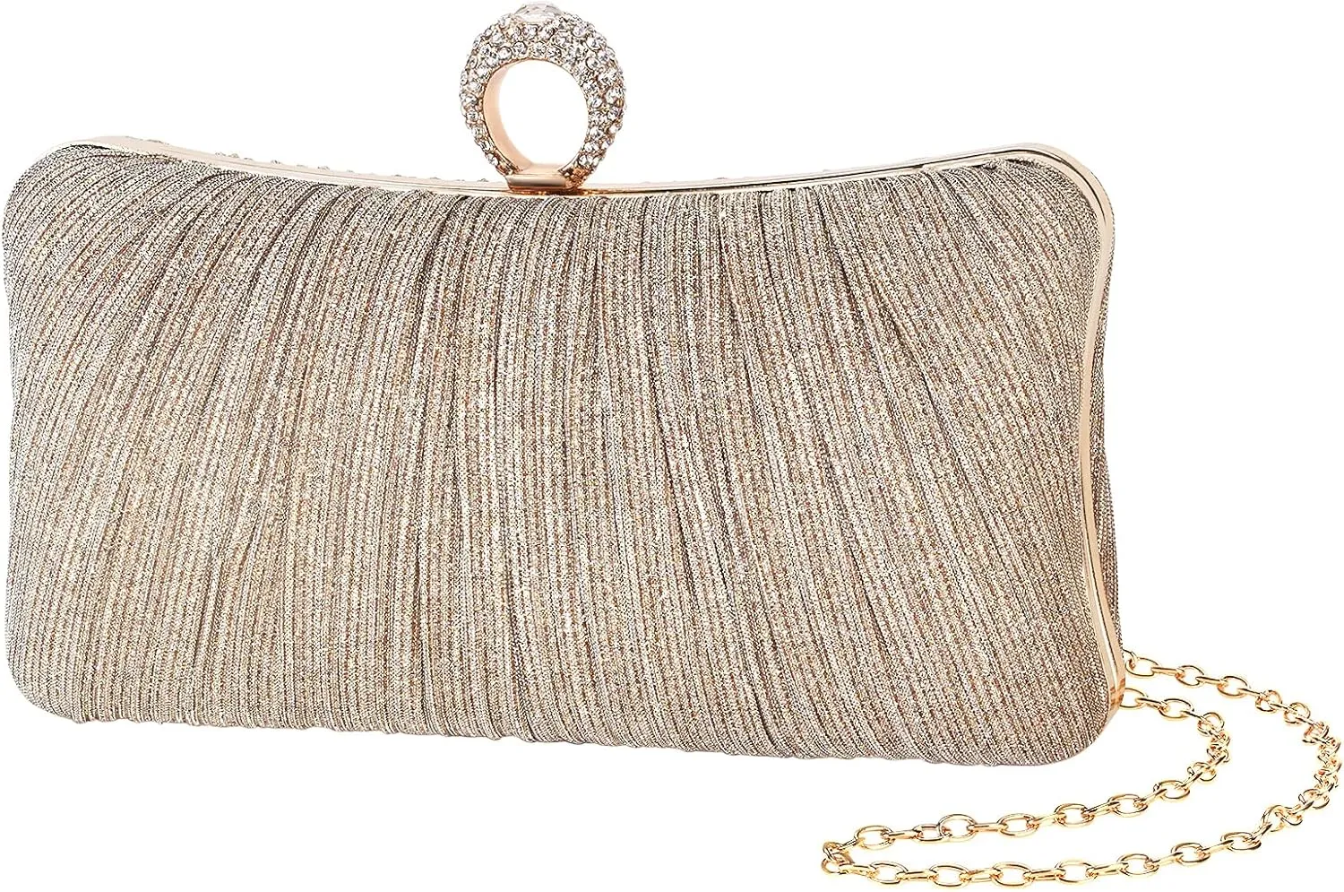 iWISH Womens Golden Glitter Clutch Purse Pleated Evening Bag for Bridal Wedding Party with Rhinestone Ring