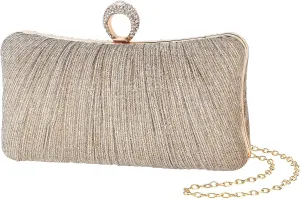 iWISH Womens Golden Glitter Clutch Purse Pleated Evening Bag for Bridal Wedding Party with Rhinestone Ring
