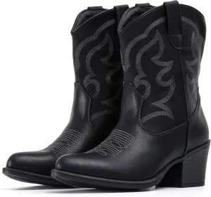 IXU Cowboy Boots for Women Wide Suede Ankle Western Cowgirl Boots Mid Calf Pointed Toe Short Chunky Classic Booties