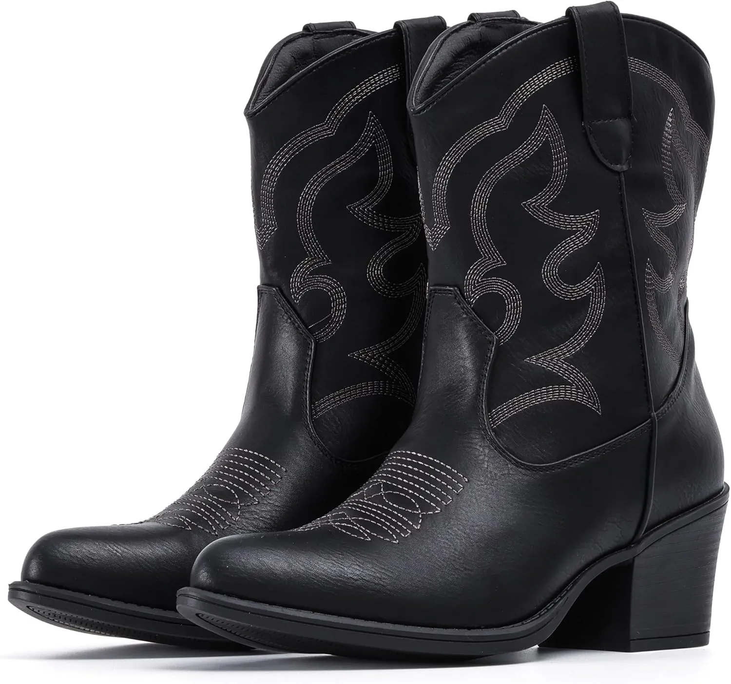 IXU Cowboy Boots for Women Wide Suede Ankle Western Cowgirl Boots Mid Calf Pointed Toe Short Chunky Classic Booties