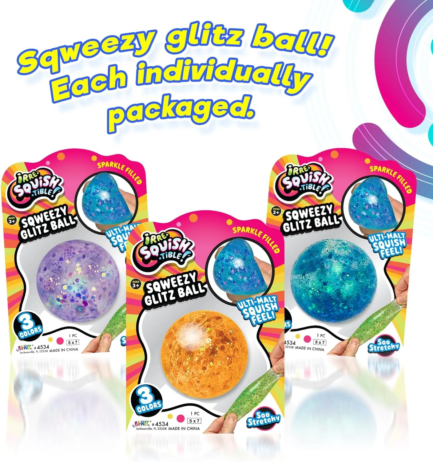 JA-RU Sqweezy Glitz Ball (12 Balls Assorted) Sparkle Filled Squishy Toy for Boys & Girls. Stretch Ultra Squish Feel Fidget for Kid, Teen & Adult. Irresistible Sensory Relief Party Favor. 4534-Glitz-12