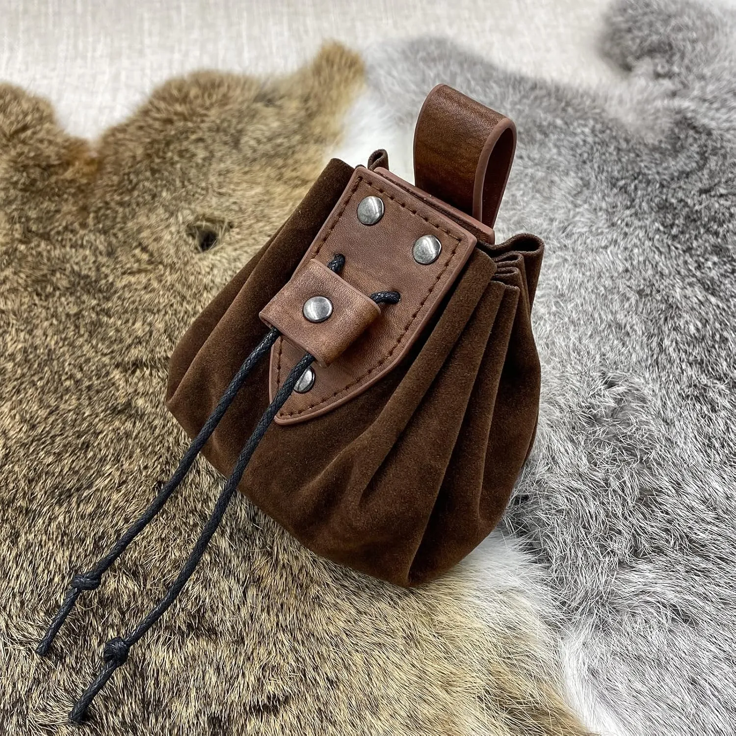 JAOYU Leather Drawstring Nordic Embossed Belt Bag & Coin Purse for Men & Women