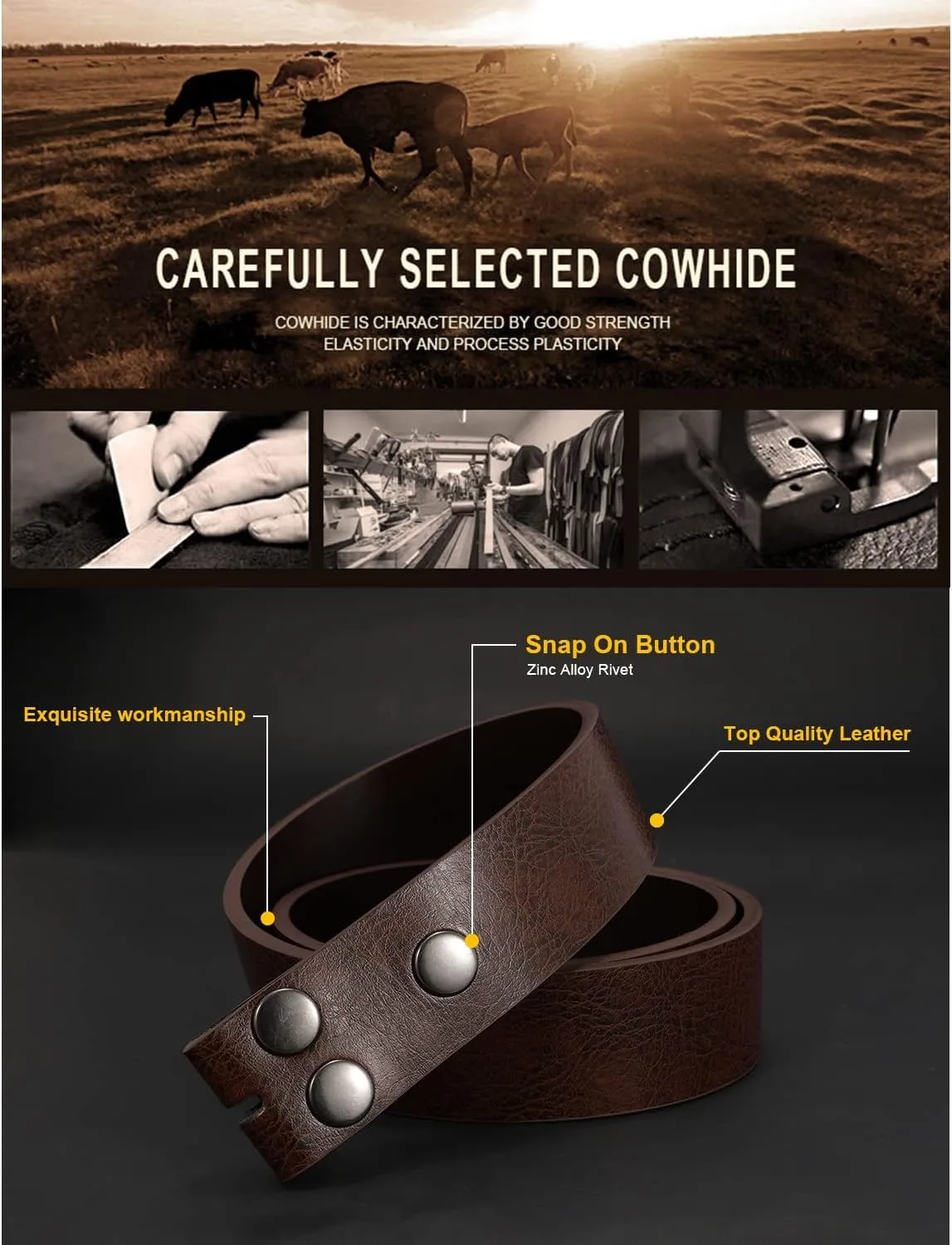 JASGOOD Mens Western Leather Belt Strap Without Buckle 1.5" Vintage Replacement Cowboy Leather Belt Strap with Snap on Buckle