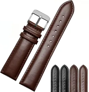 Jaxon Top Grain Calf Leather Strap Silver Buckle- Premium Watchband Replacement for Men & Women- Classic Wristwatch Band Brown Leather with Brown Thread, 18mm