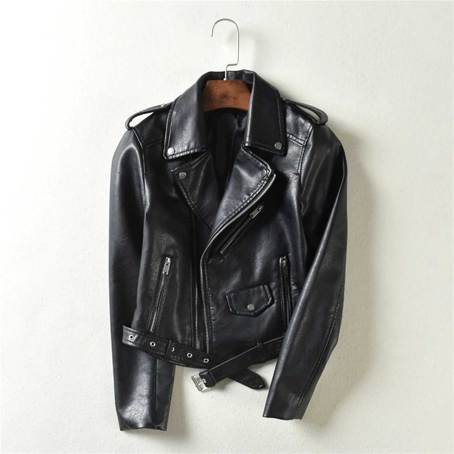 JEKE-DG Women's Washed Cropped Faux Leather Coat Slim Fit Lapel Fashion Coat Jacket Open Front Motorcycle Fall Coats